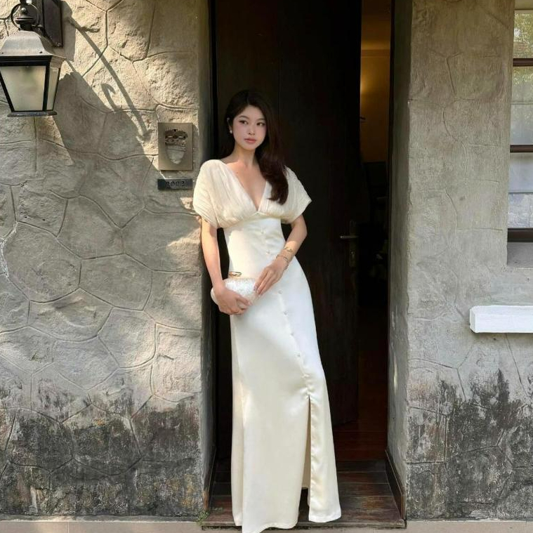 Đầm Dự Tiệc Dài Veil Đầm Maxi Cổ Chữ V Tay Lửng Cài Nút Chất Lụa Phối Tơ Tinh Tế Đứng Form