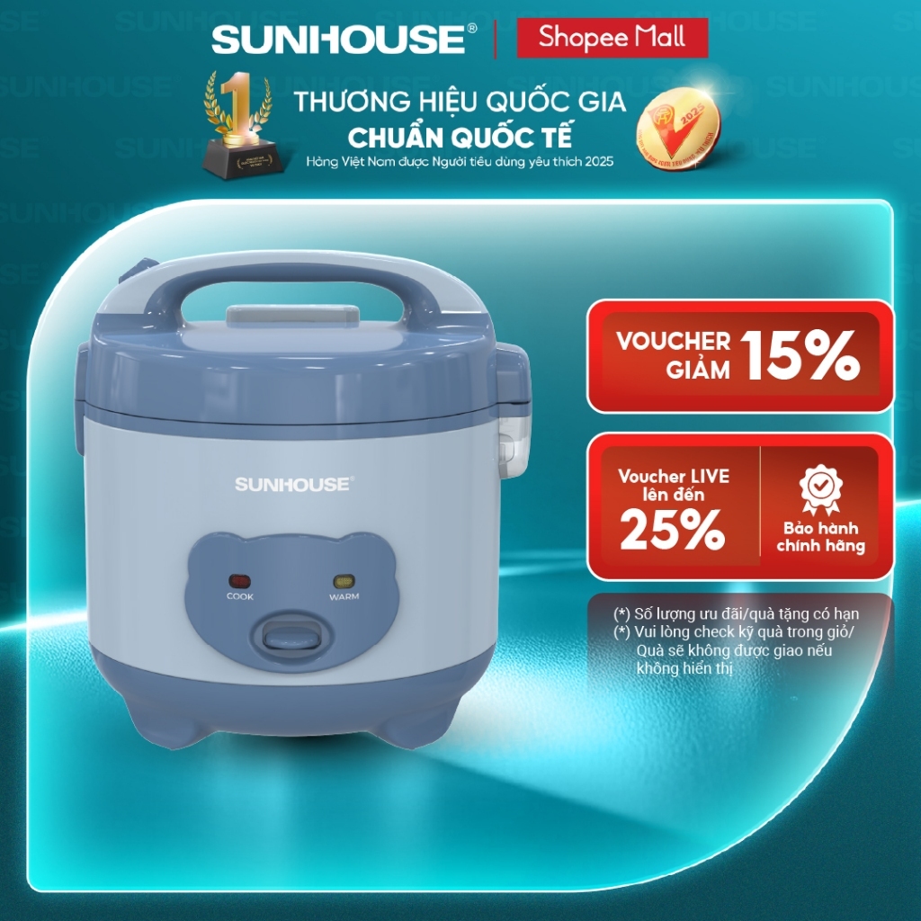 Nồi cơm điện 1.2L Sunhouse SHD8214 - 500W, Gia đình 2-3 thành viên - Nút gạt tiện lợi - Lòng nồi phủ chống dính kép | BigBuy360 - bigbuy360.vn
