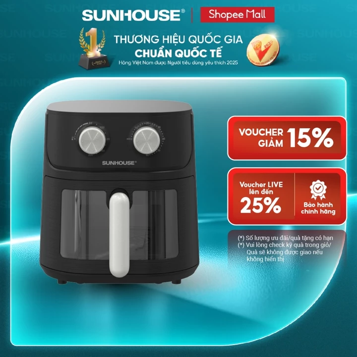 [Độc quyền] Nồi chiên không dầu 6.5L SUNHOUSE SHD4032 - Công nghệ Rapid Air giảm tới 80% dầu - Khoang chiên trong suốt