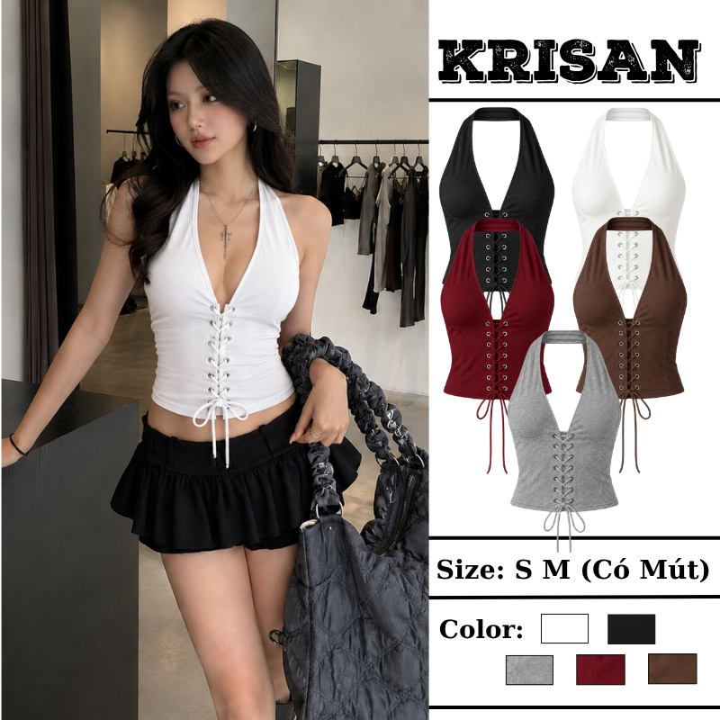 Áo Yếm Nữ KRISAN Cổ V Đan Dây Có Mút Ngực Hở Lưng Áo Halter Ôm Body Co Giãn Tôn Dáng Đi Biển Đi Chơi Thời Trang Cá Tính