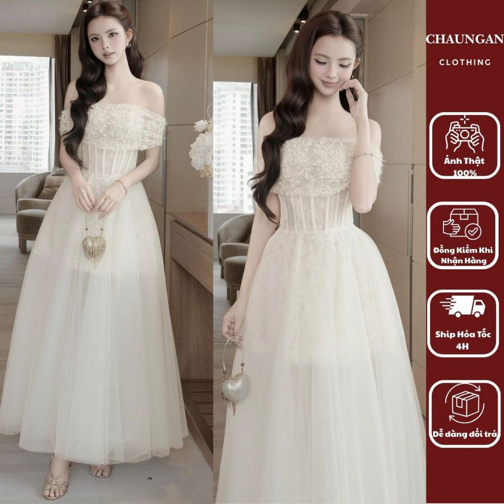 Đầm Dáng Dài Trễ Vai Corset Ren Đính Kết Sang Chảnh