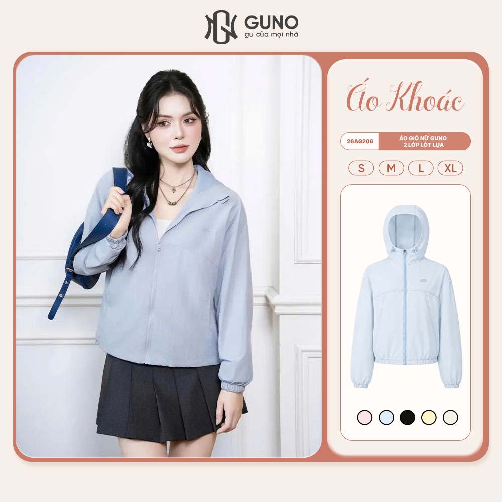 Áo Khoác Gió Nữ GUNO 2 Lớp Lót Lụa Dày Dặn Có Mũ Trùm Đầu Giữ Ấm Chống Gió Bụi Cao Cấp 26AG206