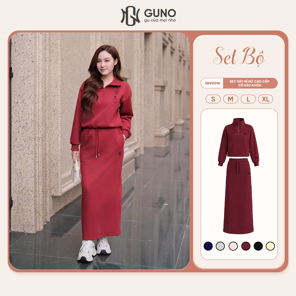Set Váy Nỉ Nữ Thu Đông GUNO Dáng Dài Cao Cấp Cổ Kéo Khóa Logo Thêu Phối Chân Váy Suông Chữ A 26VG219