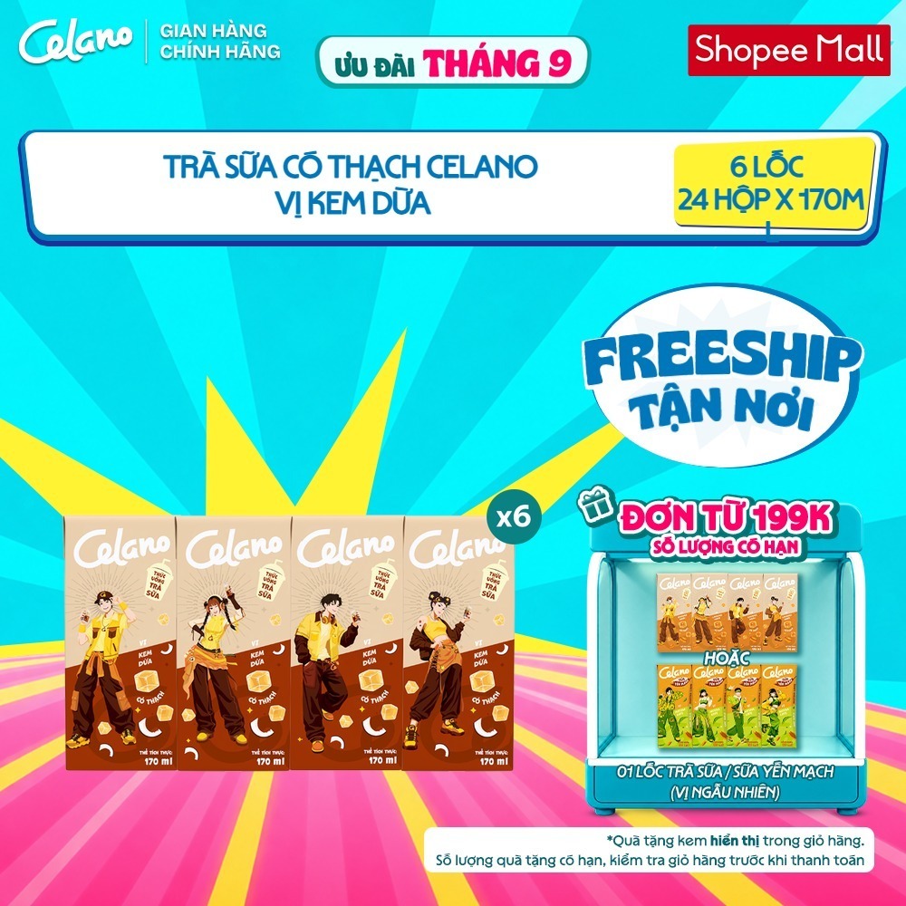 [KOL] [VỊ TỰ CHỌN] Combo 6 lốc Trà Sữa CELANO Vị Caramel Muối/Kem Dừa/Gạo Rang  (6 lốc x 4 hộp x 170ml)