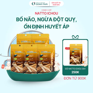 TPBVSK Natto Ichou, Phòng Ngừa Đột Quỵ, Bổ Não, Giúp Ngủ Ngon Genki Fami Nhật Bản Túi 30 Viên