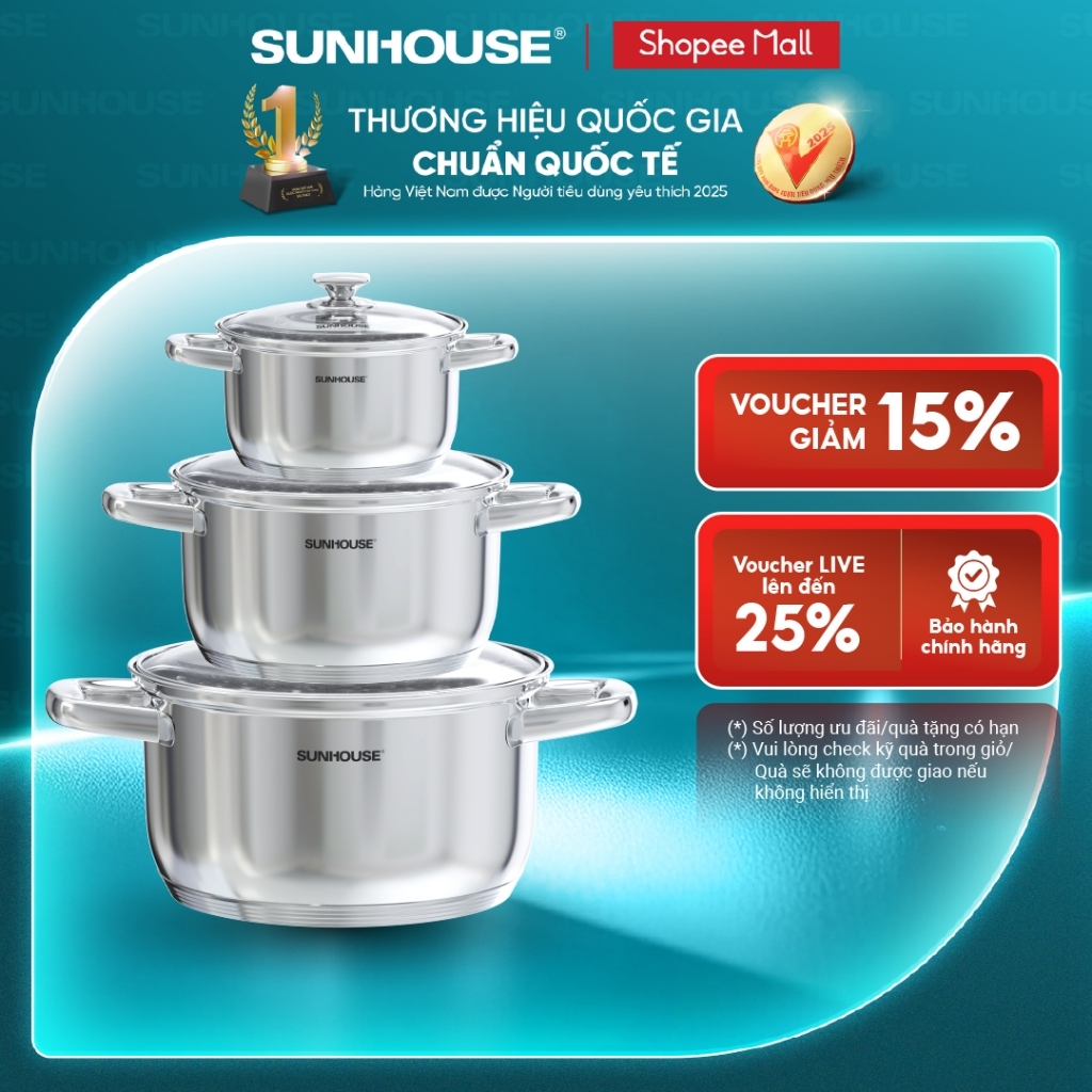 Bộ nồi Inox 5 đáy Sunhouse SHG799 - Đáy từ 5 lớp vượt trội - Inox cao cấp -  Dùng mọi loại bếp