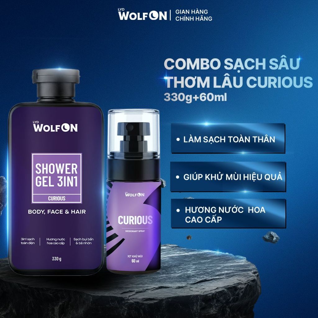 Combo Sữa Tắm Gội Nam 3in1 LYD Wolf On Curious 330g và Xịt khử mùi cơ thể 60ml lưu hương, hương nước hoa