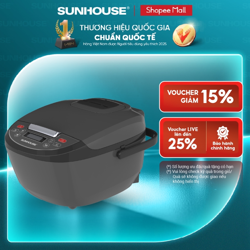 Nồi cơm điện tử 1.8L Sunhouse SHD8909B - 6 chế dộ, giữ ấm  12 tiếng - Mâm nhiệt lớn, cơm dẻo, chín đều