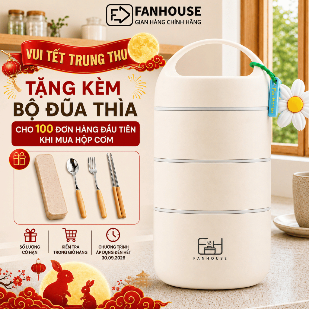 Hộp cơm giữ nhiệt Good Food 3 tầng dung tích 1590ml hộp đựng cơm inox 304 Fan House tặng charm hoa