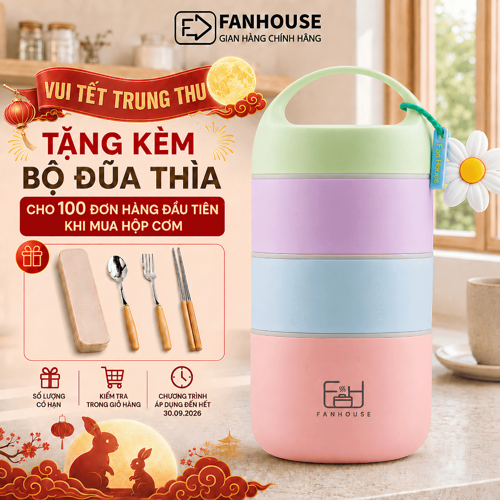 Hộp cơm giữ nhiệt 3 tầng Good Food dung tích 1590ml hộp đựng cơm inox 304 Fan House tặng charm hoa