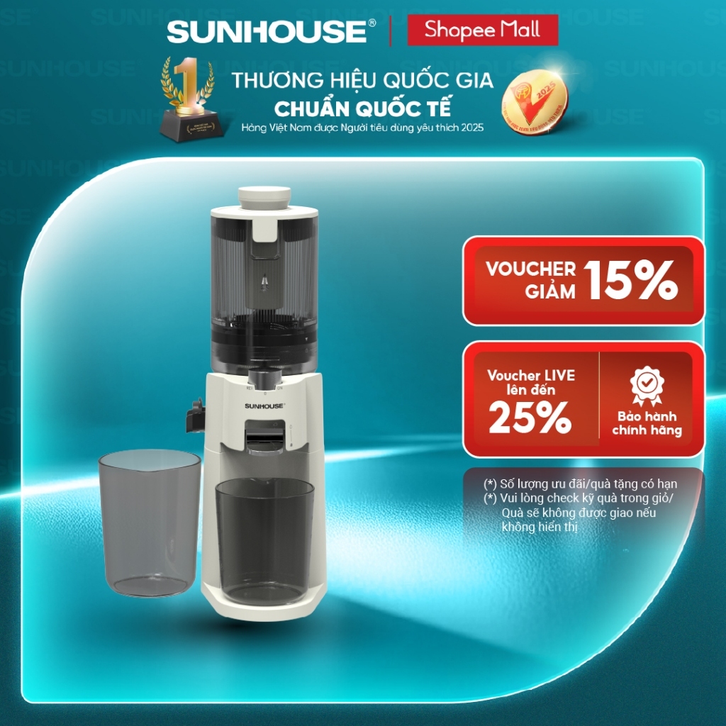 [Độc quyền] Máy ép chậm Sunhouse SHD5514 - Tự quay ngược tránh kẹt bã - Ép chậm không sinh nhiệt - Tích hợp làm kem