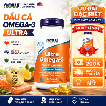 NOW Ultra Omega‑3 180 viên Fish Oil hàm lượng cao EPA500 DHA250 bảo vệ tim mạch não bộ