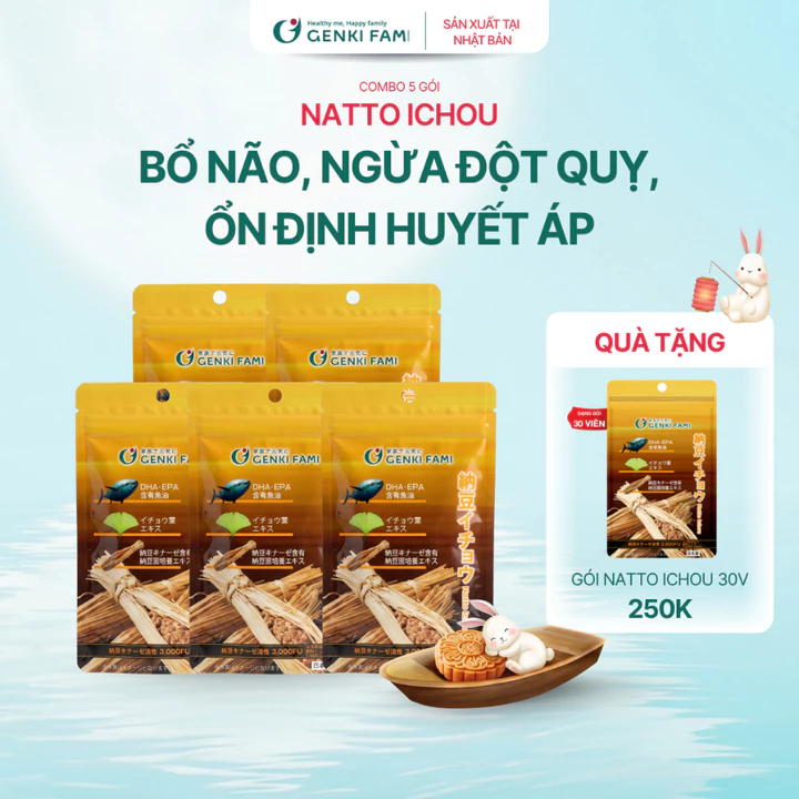 TPBVSK Combo Viên Uống Bổ Não, Phòng Ngừa Đột Quỵ, Giúp Ngủ Ngon Natto Ichou Genki Fami Nhật Bản Túi 30 Viên