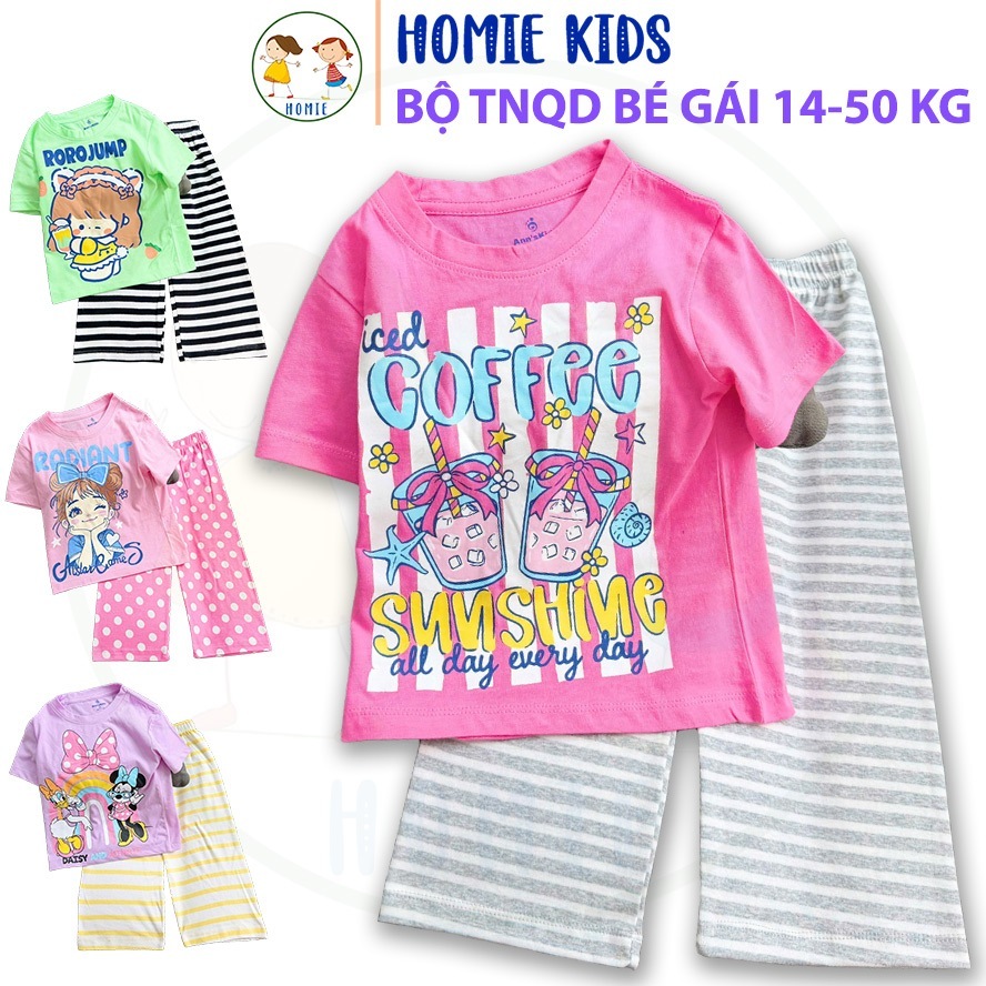 Bộ quần áo bé gái 14-50 kg set đồ mặc nhà có áo tay ngắn quần dài suông cotton mặc mát in hoạt hình dễ thương Homie Kids