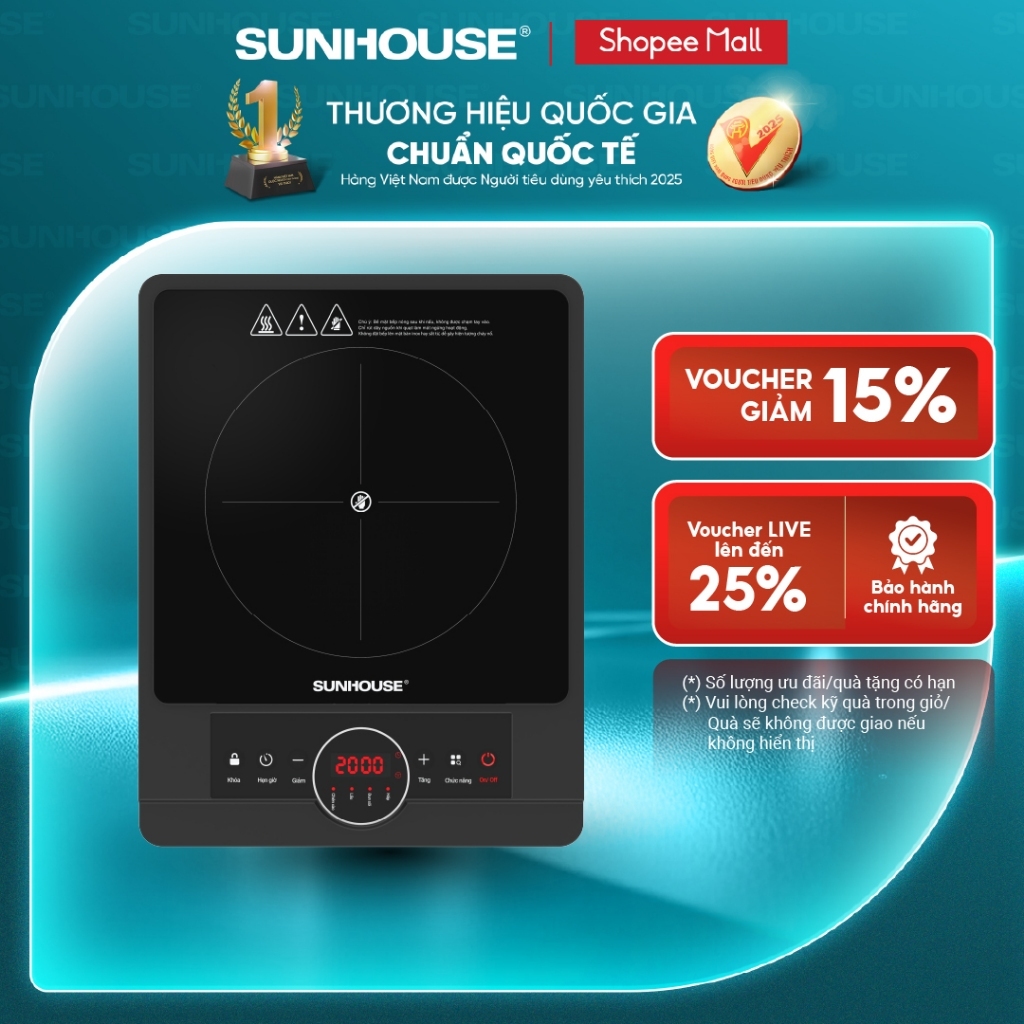 Bếp hồng ngoại Sunhouse SHD6012A - Công suất 2000W - Mặt kính pha lê - Chế độ hẹn giờ - Khóa trẻ em - Đa chức năng
