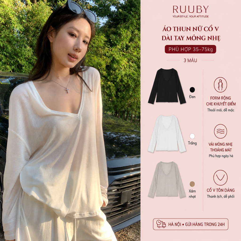 RUUBY Áo chống nắng nữ Áo thun mỏng cổ V dài tay form đẹp vải cao cấp ba màu phù hợp mọi lứa tuổi và phong cách hiện đại
