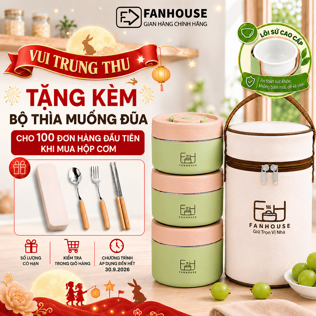 Hộp cơm giữ nhiệt 3 tầng Lunch Box 1500ml hộp đựng cơm inox 304 Fan House tặng bộ đũa thìa