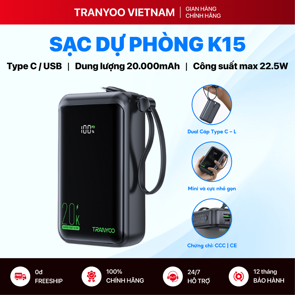 Pin Sạc Dự Phòng TRANYOO T-K14 / K15 10000mAh / 20000mAh Chuẩn PD 22.5W Có Led Tích Hợp 2 Cáp Sạc