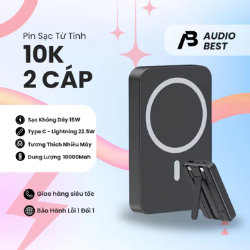 Sạc Dự Phòng Không Dây 10000mAh Sạc Nhanh Từ Tính - Pin Sạc Dự Phòng Hít Nam Châm Kèm Sẵn 2 Dây Cáp Cho IP Androi