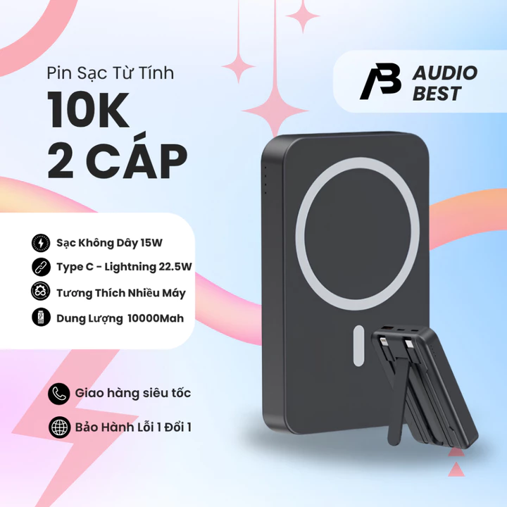Sạc Dự Phòng Không Dây 10000mAh Sạc Nhanh Từ Tính - Pin Sạc Dự Phòng Hít Nam Châm Kèm Sẵn 2 Dây Cáp Cho IP Androi