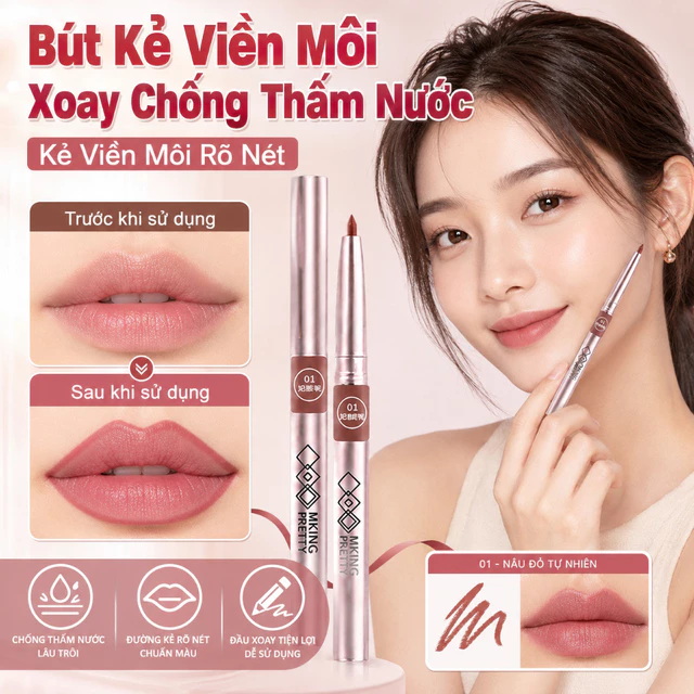 Bút Kẻ Viền Môi Xoay Chống Thấm Nước | Bút Kẻ Viền Môi Lì Không Lem Không Phai Lâu Trôi | Kẻ Viền Môi Rõ Nét