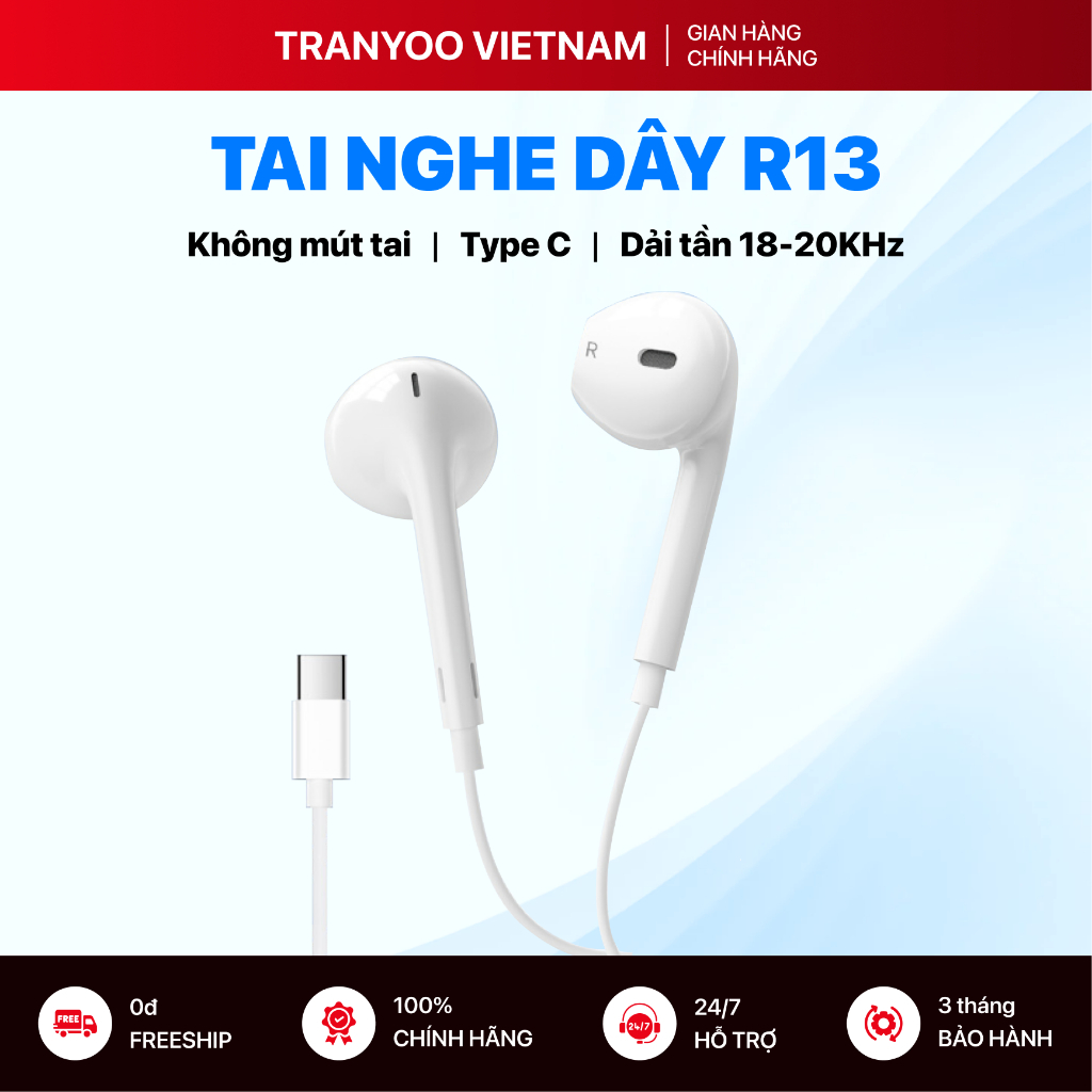 Tai Nghe Có Dây TRANYOO T-R13 Thiết Kế Nhét Tai Đầu Type C Dành Cho Gaming, Học Online, Nghe Nhạc
