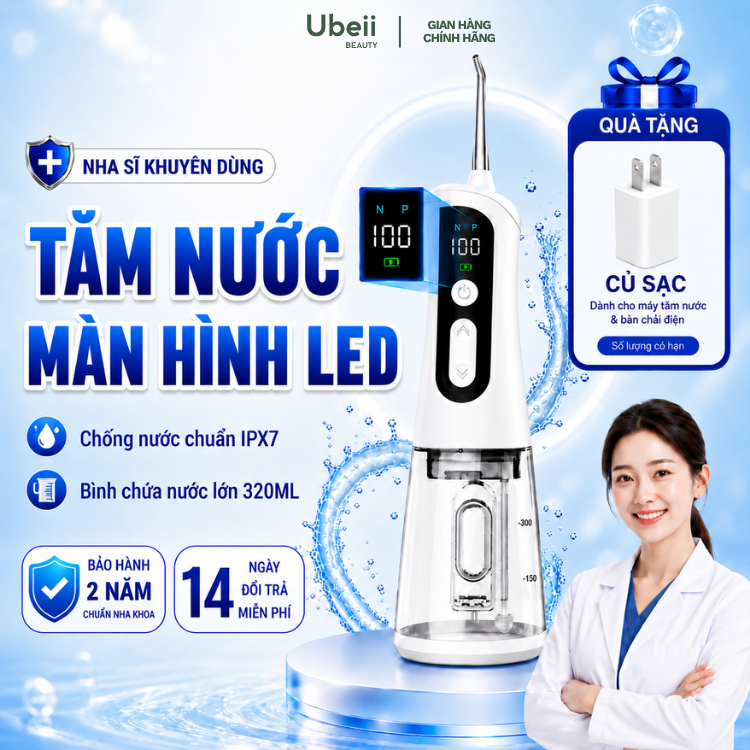 Máy tăm nước Ubeii cho người niềng răng, màn hình LED 100 mức điều chỉnh, sạch sâu kẽ răng