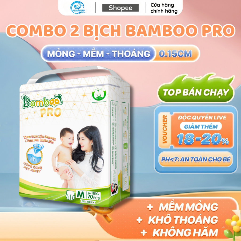 COMBO 2 Bịch Tã/Bỉm BAMBOO PRO Chính Hãng Giá Rẻ, Siêu Thấm, An Toàn Cho Da, Ôm Sát Thoải Mái Đủ Size Cho Bé