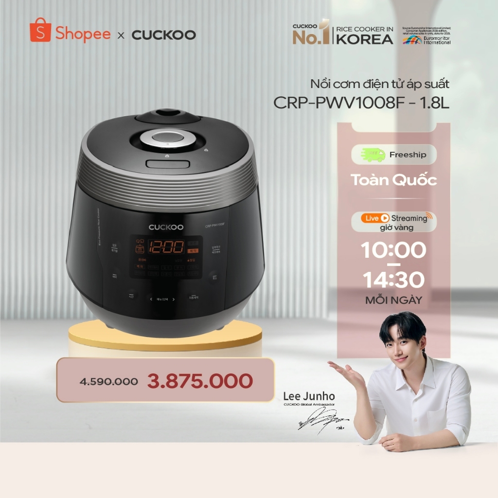 Nồi cơm điện tử áp suất Cuckoo 1.8L CRP-PWV1008F - Lòng nồi phủ men Xwall- Ngôn ngữ Tiếng Việt- bảo hành 1 năm