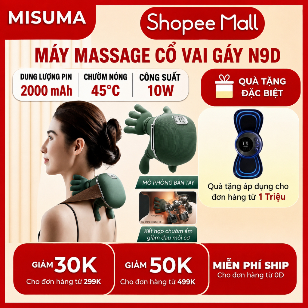 Máy Massage Cổ Vai Gáy N9D Siêu Nhẹ 0,76kg - Gối Massage Cổ Váy Thư Giãn Văn Phòng, Người Cao Tuổi Bảo Hành 12 Tháng