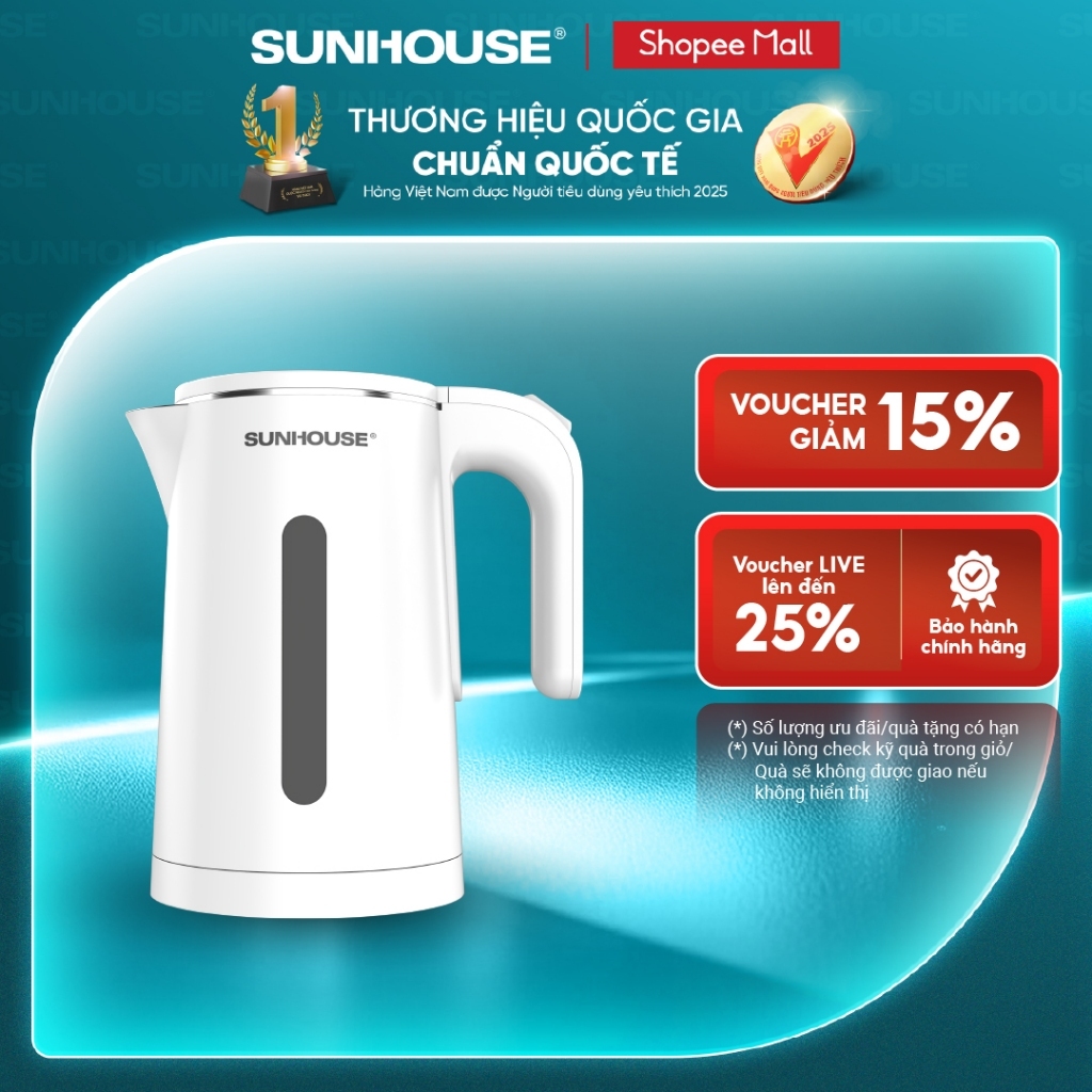 [Mẫu mới] Ấm siêu tốc 1.8L Sunhouse SHD1351W - Bộ điều khiển cao cấp – Thân ấm 2 lớp chống bỏng – 1500W