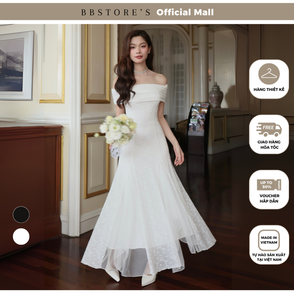 BBSTORE'S Đầm Đi Dự Tiệc Nữ Váy Body Dài Trễ Vai Ren Thun Lưới Dáng Ôm Xòe Thiết Kế Cao Cấp Sang Trọng - D3446