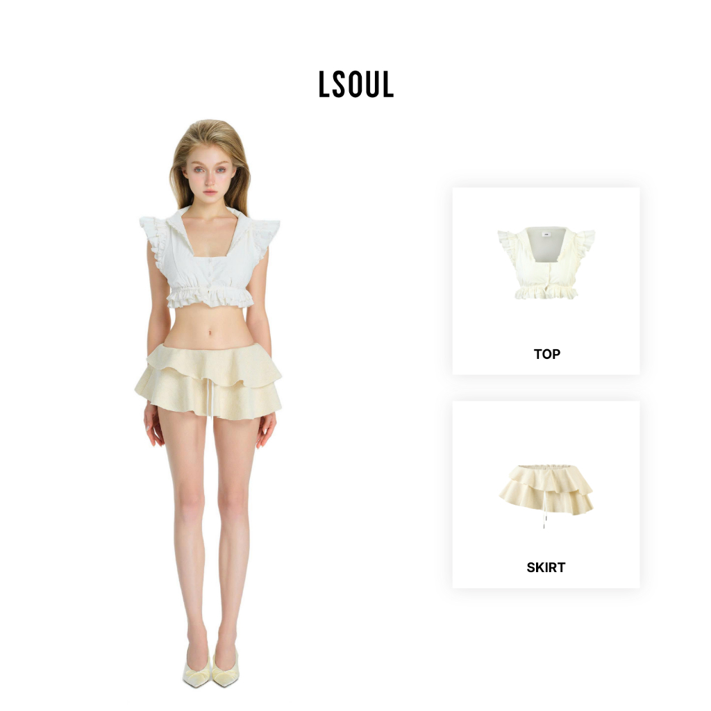 LSOUL Áo Croptop Cổ Vuông Tay Bèo Nữ Via Top + Chân Váy Mini Tầng Bèo Dáng Xòe Noon Skirt A26032886