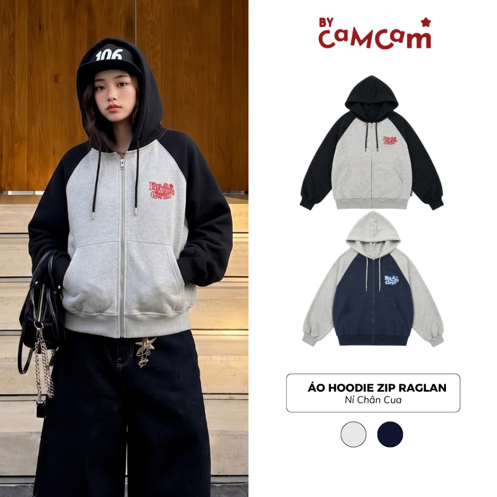 Áo Hoodie Zip Form Boxy Tay Raglan 𝑩𝒚𝒄𝒂𝒎𝒄𝒂𝒎 Áo Khoác Nỉ Chân Cua Mũ Lớn Đắp Vải Basic Unisex AHOD745 | BigBuy360 - bigbuy360.vn