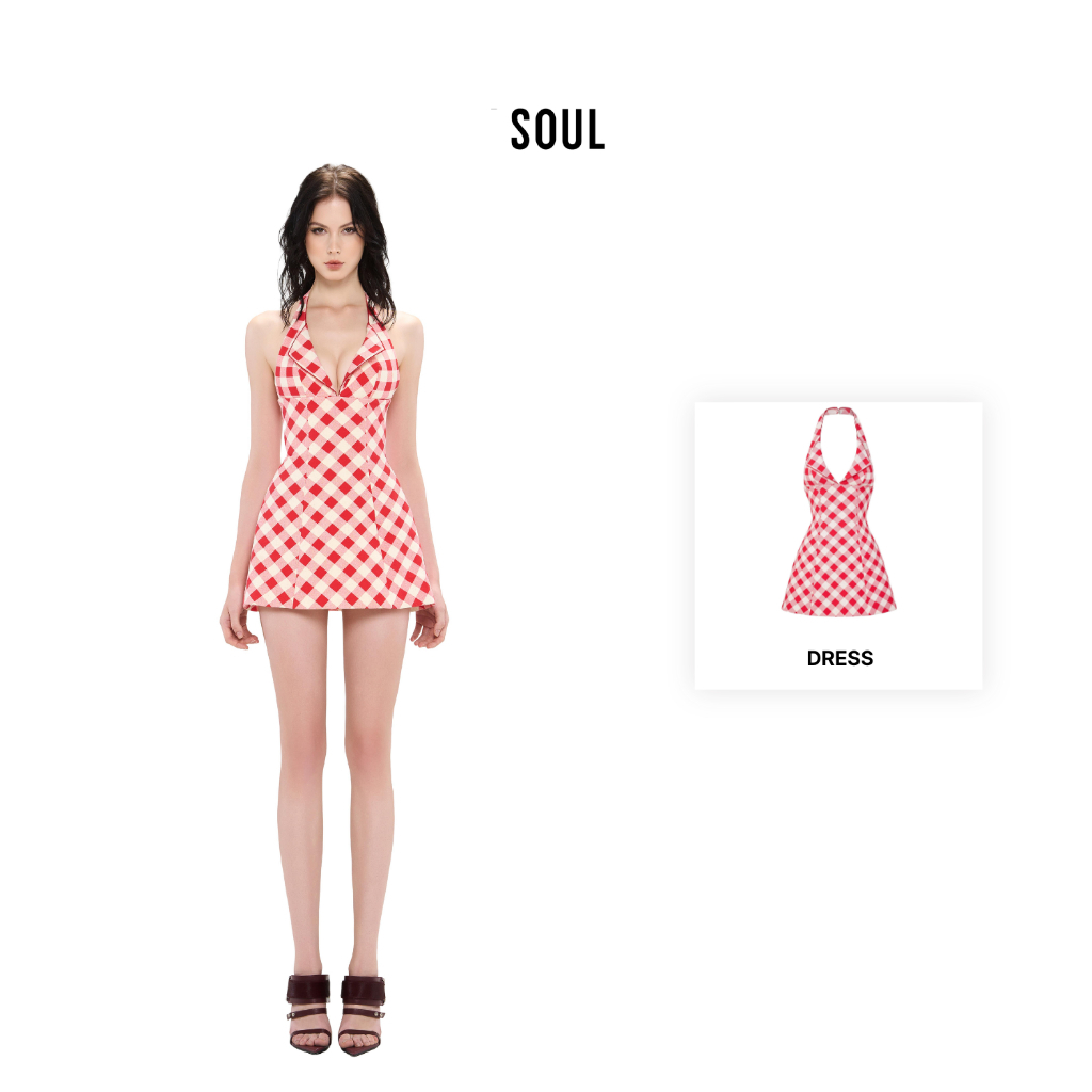LSOUL - Gunbou Dress Đầm Chữ A Cổ Yếm Họa Tiết Caro Đỏ Cut Out Quyến Rũ V25071679