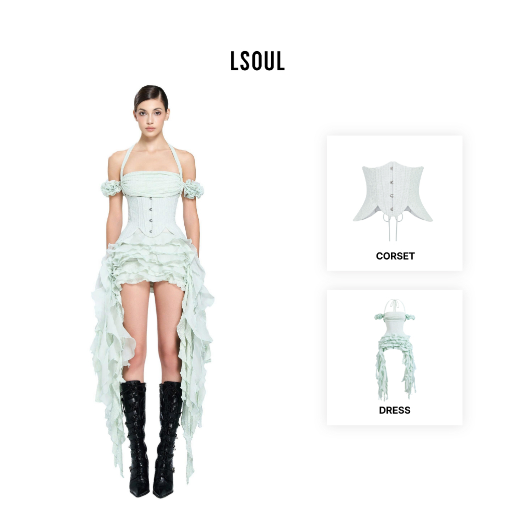 LSOUL Đầm Cúp Ngực Trễ Vai Tùng Bèo Tua Rua + Đai Corset Sang Trọng Lotis Set V24031601 A24032744