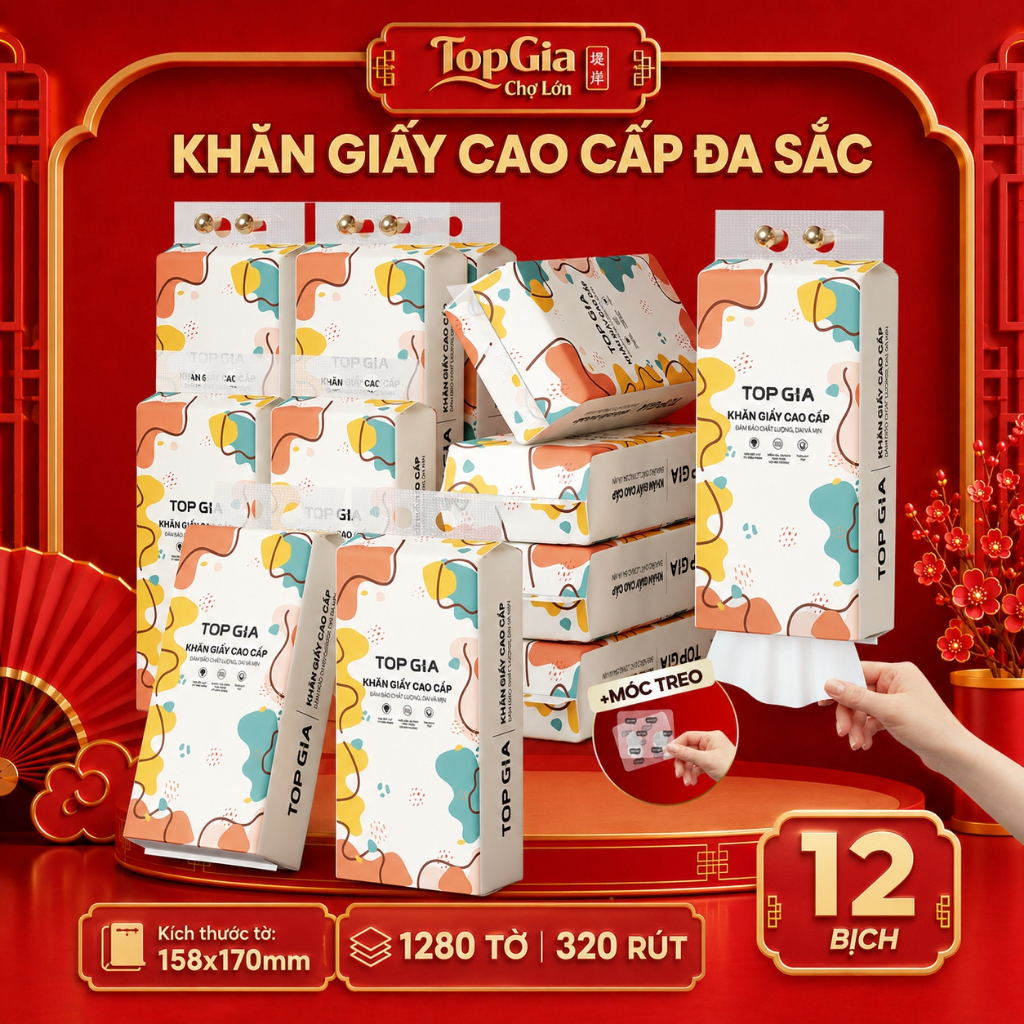 [Combo 12 Bịch - TẶNG MÓC] Khăn Giấy TopGia Treo Tường Rút Đáy Đa Sắc 1280 Tờ 4 Lớp Dày Mịn Tiện Lợi