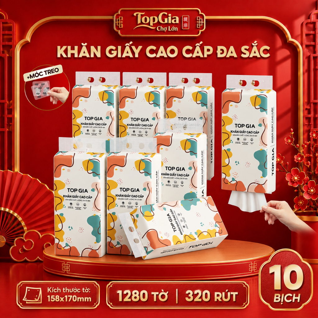 [Combo 10 Bịch - Size XL] Khăn Giấy Top Gia Treo Tường Rút Đáy Đa Sắc 1280 Tờ 4 Lớp Dày Mịn Tiện Lợi