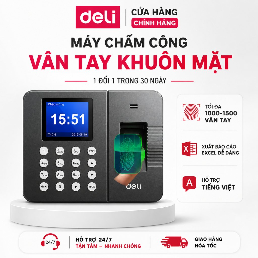 Máy Chấm Công Vân Tay Và Khuôn Mặt DELI Có Tiếng Việt Kết Nối USB Xuất File Excel Tiện Lợi