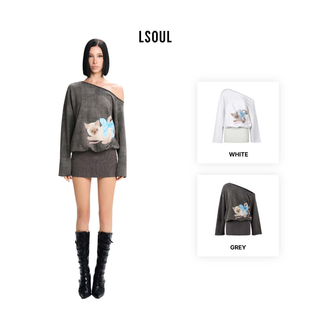 LSOUL Đầm Trễ Vai Tay Dài Bo Gân Cotton Co Giãn In 3D Ling Dress V25101688 V25101689