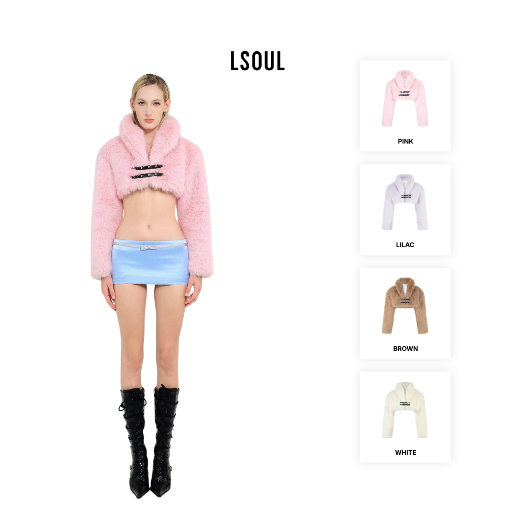 LSOUL Áo Khoác Lông Croptop Tay Dài Cổ Dây Da Đính Đinh Tán Cá Tính Leyla Jacket K25100256-1