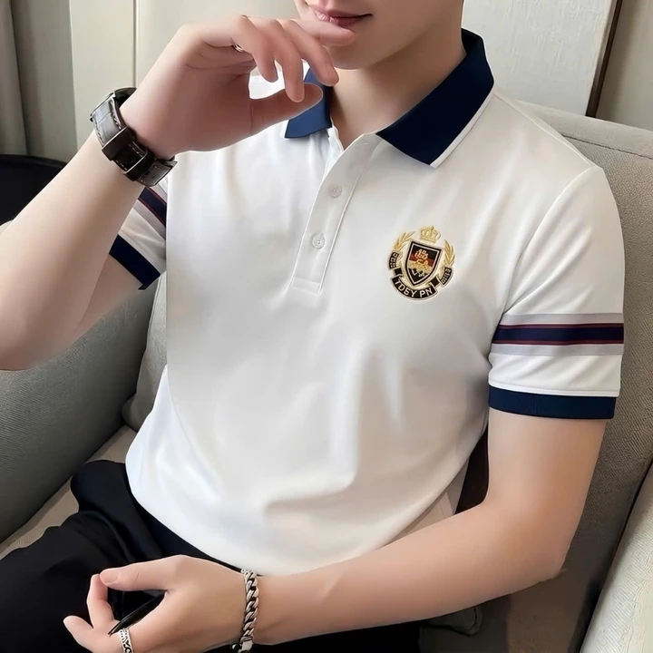Áo Polo Nam Phối Sọc Tay Vải Thun Co Giãn 4 Chiều Thêu Huy Hiệu Thanh Lich Sang Trọng