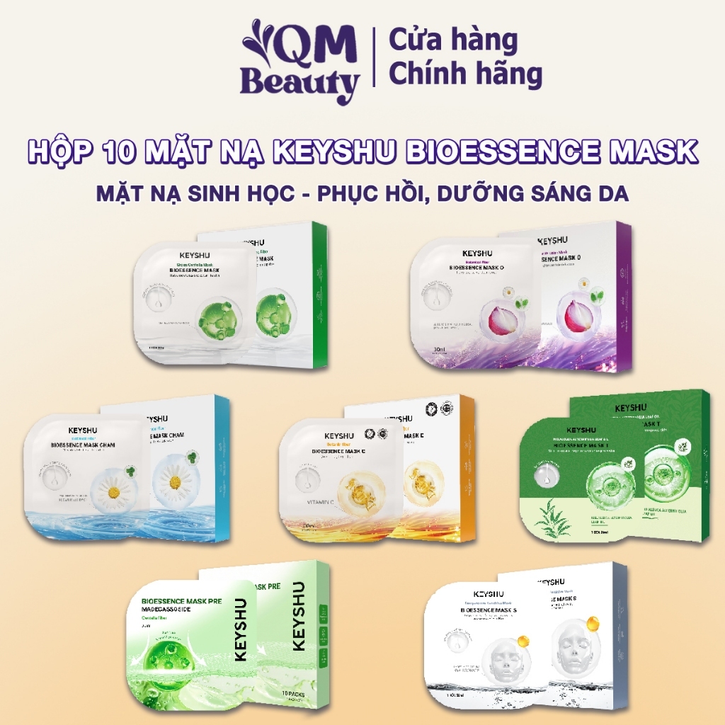 Hộp 10 mặt nạ Keyshu Bioessence Mask mặt nạ sinh học cấp ẩm, dưỡng sáng phục hồi da chính hãng