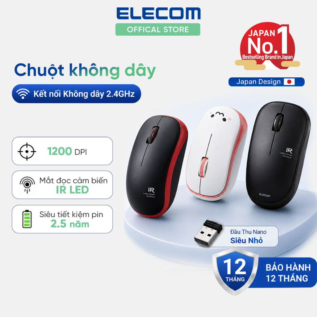 Chuột Không dây Elecom 2.4GHz, Chuột Bluetooth, Pin Sạc Type C, Im lặng, BH 12 Tháng 1 Đổi 1