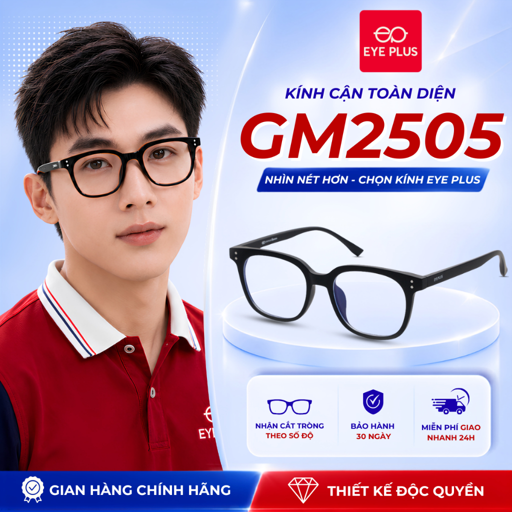 Gọng Kính Cận Nam Nữ Dáng GM Eye Plus 2505 Nhựa TR90 Dẻo Mắt Chống Ánh Sáng Xanh ,Tia UV Thời Trang