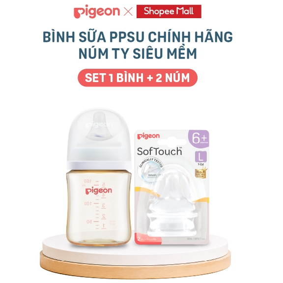 [Combo Bình PPSU + 2 Núm] Bình sữa PPSU Pigeon an toàn chống đầy hơi, chịu nhiệt tốt 160/240ml