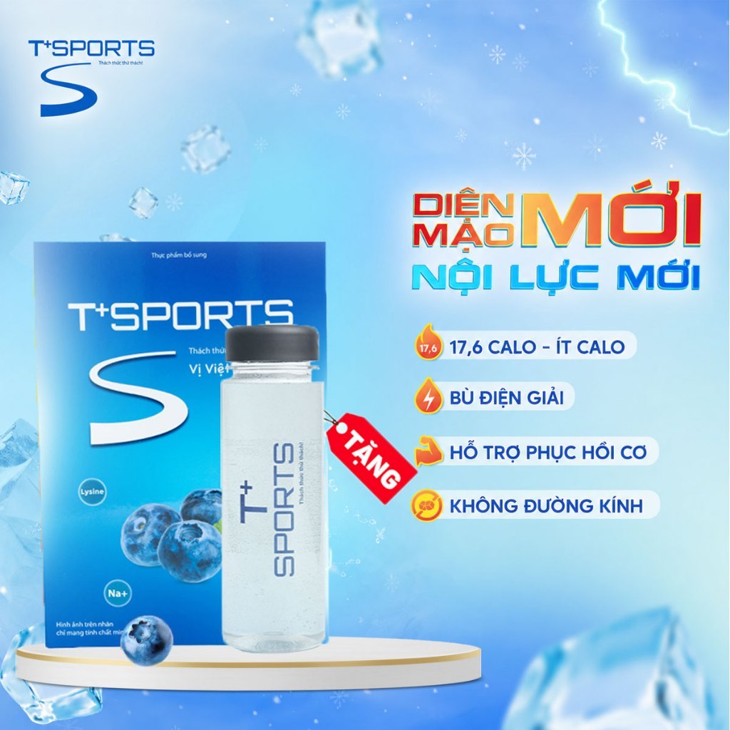[TẶNG BÌNH] 20 Gói Bột Điện Giải T+SPORTS 17,6 CALO Bù Muối Khoáng, Tăng Sức Bền, Thể Lực