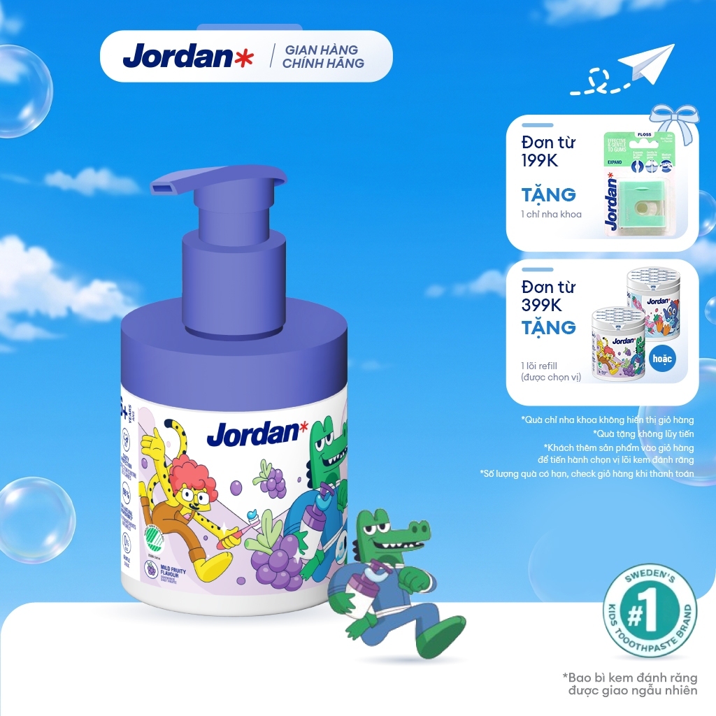 Kem đánh răng Jordan dạng Pump cho trẻ em vị Nho bước 2 cho bé 6-12 tuổi - 188g, xuất xứ Na Uy