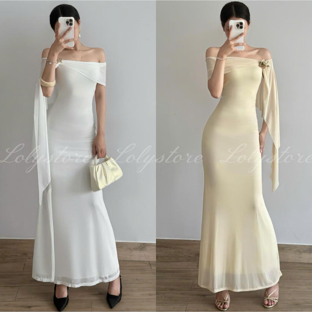 Đầm body nữ thiết kế dáng dài ôm trơn trễ vai đính charm đi tiệc sang chảnh Lolystore Dresswomen XV636