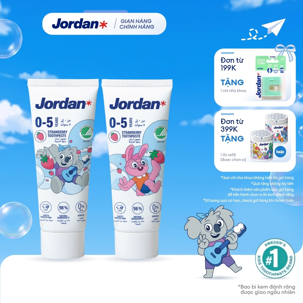 Combo 2 kem đánh răng Jordan cho trẻ em vị dâu bước 1 cho bé 0-5 tuổi, xuất xứ Na Uy